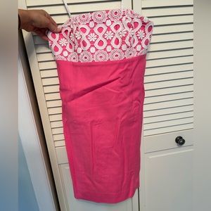 Lilly Pulitzer pink strapless dress with white embroidery